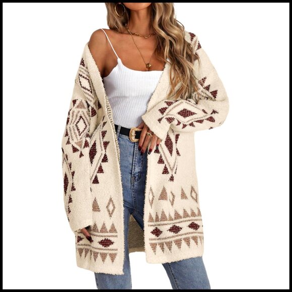 Sweaters - Long Sleeve Open Front Cardigan, Chunky Knit, Drop Shoulder, Boho Style